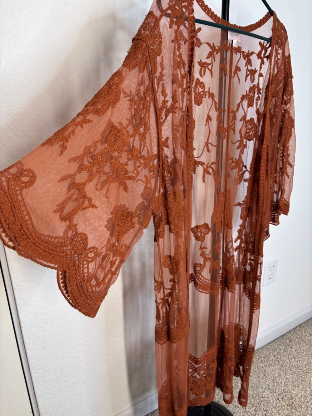 Dizzy Gal Sheer Embroidered Floral Lace Rust Brown Kimono Duster XL - Picture 3 of 12